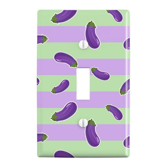 Cute Eggplant Aubergine on Stripes Pattern Plastic Wall Decor Toggle Light Switch Plate Cover
