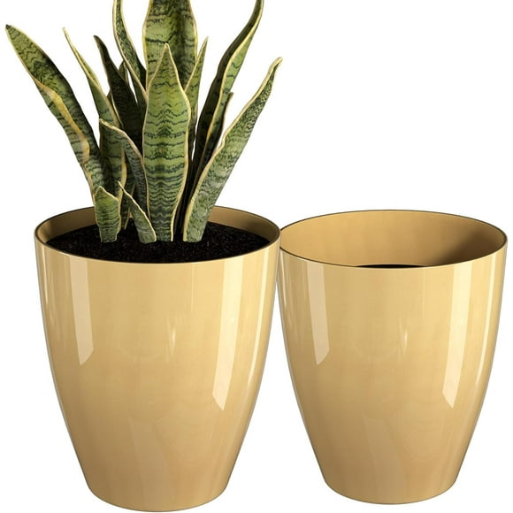 QCQHDU Plant Pots Set of 2 Pack,10 Inch Plant Pot for Indoor and Outdoor Plants with Drainage Hole,Flower Pots Modern Decorative Planter for Garden Plants(Golden)