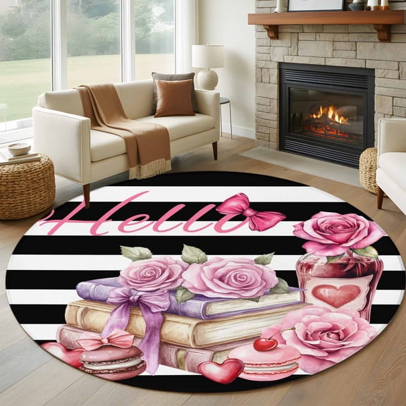 Round Area Rug 8 Ft, Pink Floral Cake Washable Non-Slip Circle Carpet for Living Room/Bedroom, Books Vintage Black Striped Collection Low-Profile Large Area Rugs for Indoor