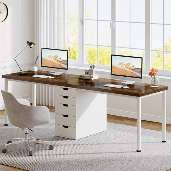 Tribesigns Two Person Computer Desk with 5 Drawers, 78.7 Inches Extra Long Double Office Desk, Modern Simple Double Computer Desk Study Writing Table Workstation for Home Office(Brown/White)