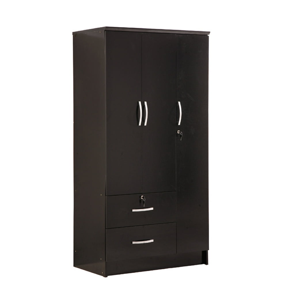 Hodedah 3 Door Bedroom Armoire with Drawers, Black Finish
