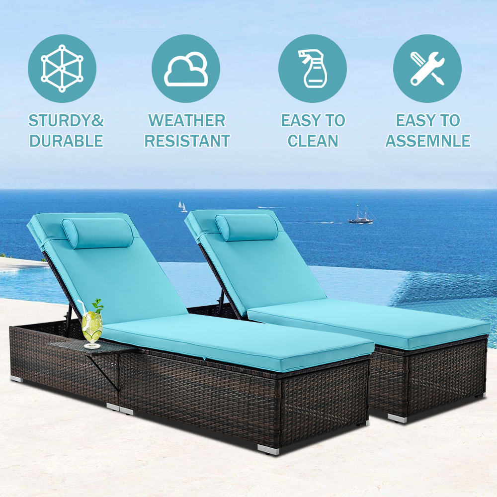 uhomepro 2-Piece Pool Chairs, Patio Chaise Loungers, Chaise Lounge Chair Outdoor Set Pool Furniture, Couch Cushioned Recliner Chair with Adjustable Back, Side Table, Head Pillow, Blue, Q18153 - image 3 of 13