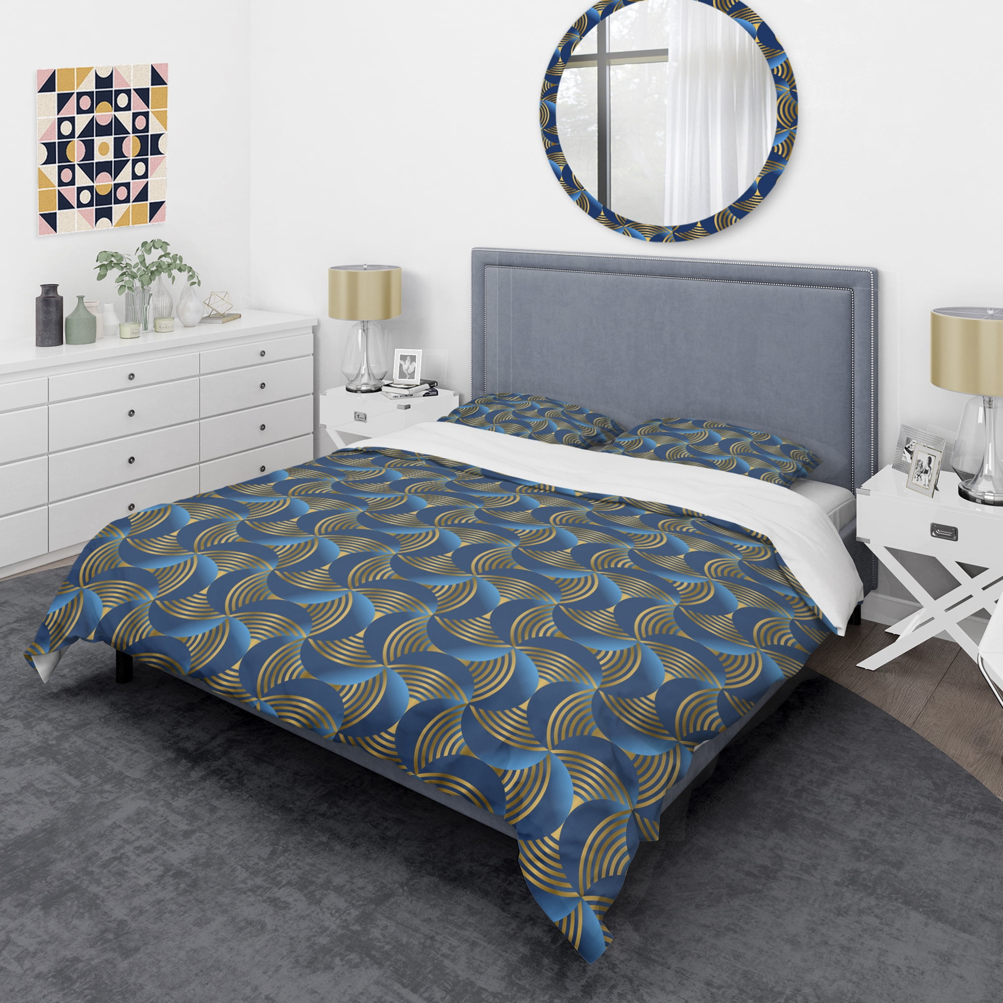Designart 'Geometric abstract waves in gold and marine blue' Mid-Century Modern Duvet Cover Set