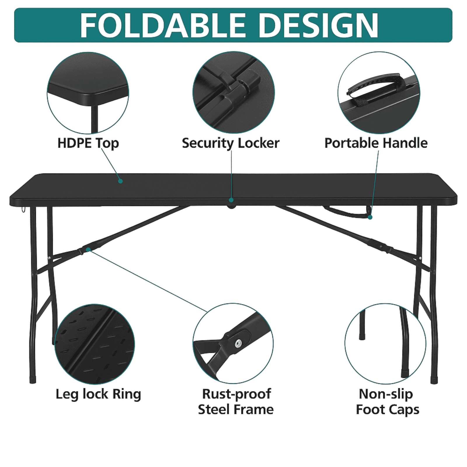 HONGGE 5 ft Folding Table with Carry Handle Plastic Foldable Table for Indoor Outdoor Use, Picnics, Parties, BBQs - Black
