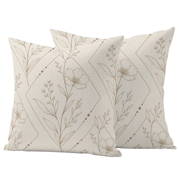 Vintage Botanical Outdoor Waterproof Pillow Covers, Rustic Simple Flowers Geometric Art Beige Decorative Square Throw Pillowcase Sofa Cushion Sham for Patio/Couch/Chair, 16"x16" 2 Pack