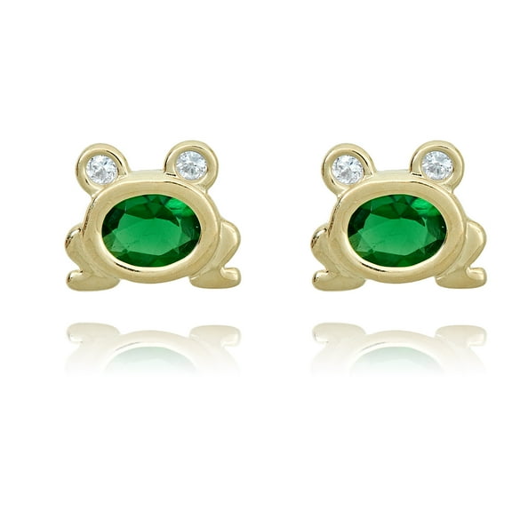 AVORA 10K Yellow Gold Simulated Emerald CZ Frog Post Earrings