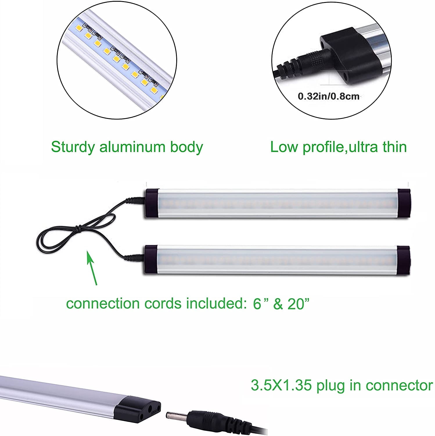 Dimmable LED Under Cabinet Lighting Kit - 4 Panel Warm White Strip Lights with Rocker Switch & Plug Adapter, Direct Wire 12V