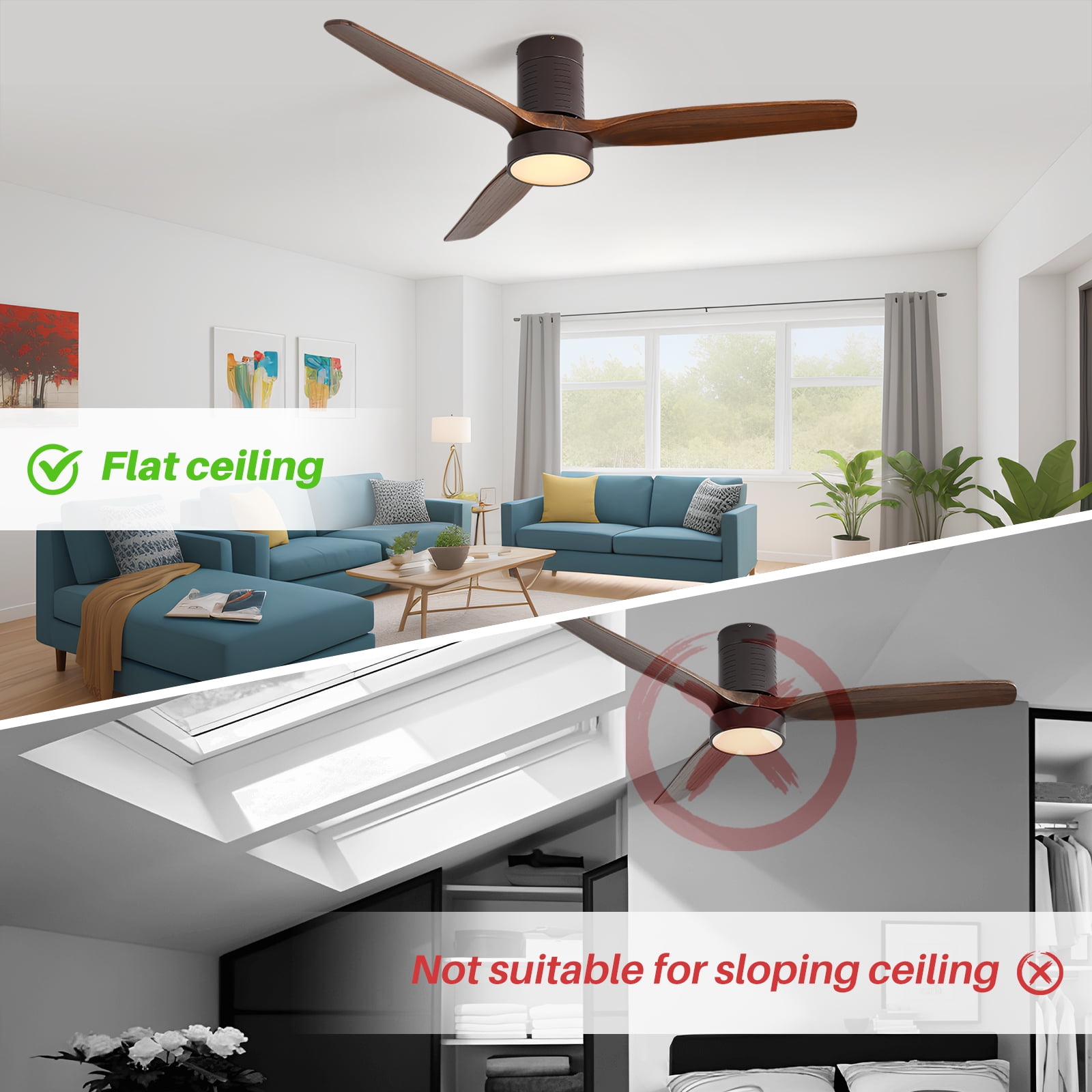 Sofucor 52" Flush Mount Ceiling Fan with Light and Remote Control, 3 Blades W/ Reverse Airflow, Bronze