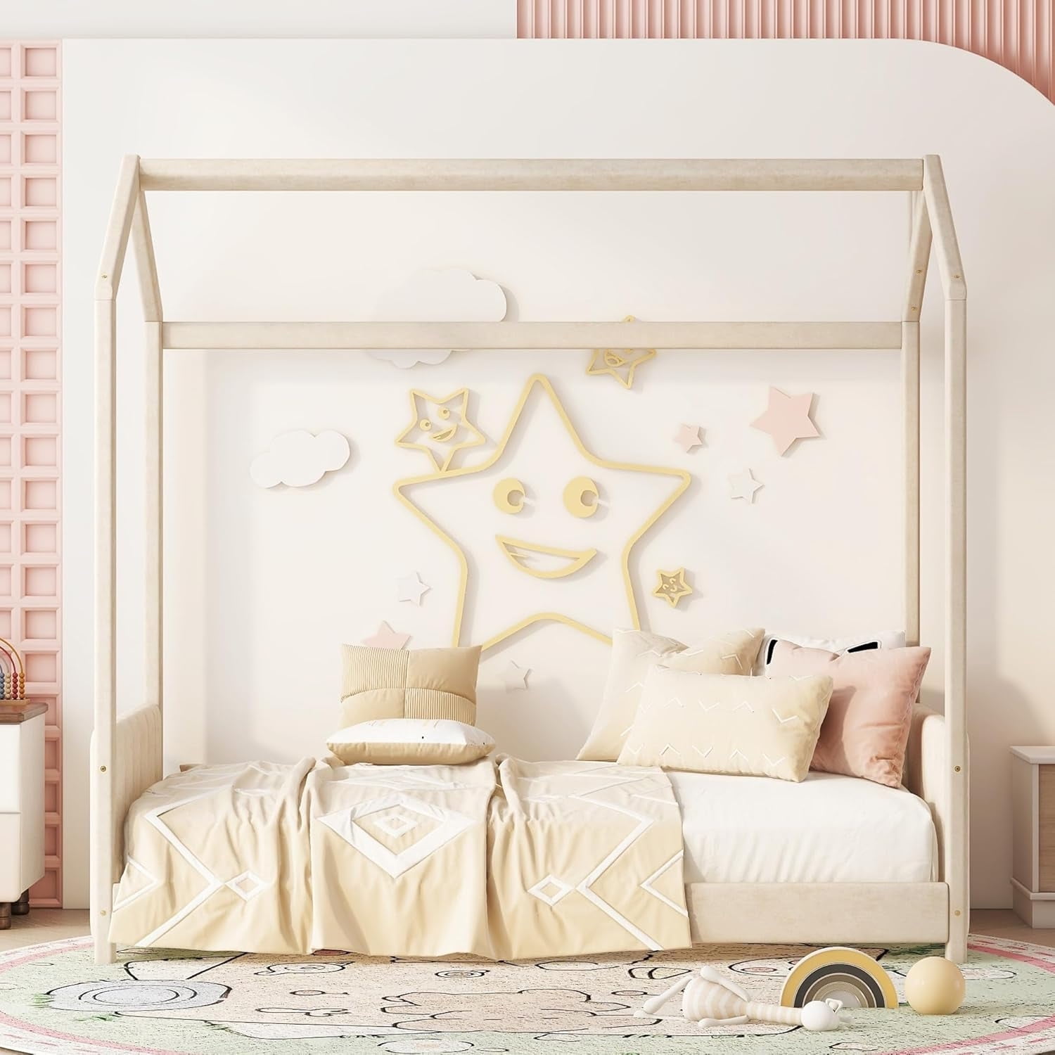 Bellemave Twin Size House Beds, Velvet Montessori Floor Bed with Headboard & Footboard, Twin Bed Frame for Girls Boys （Twin, Beige)