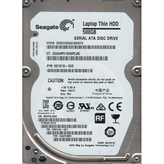 ST500LT012, W3P, WU, PN 1DG142-021, FW 1003YAM1, Seagate 500GB SATA 2.5 Hard Drive