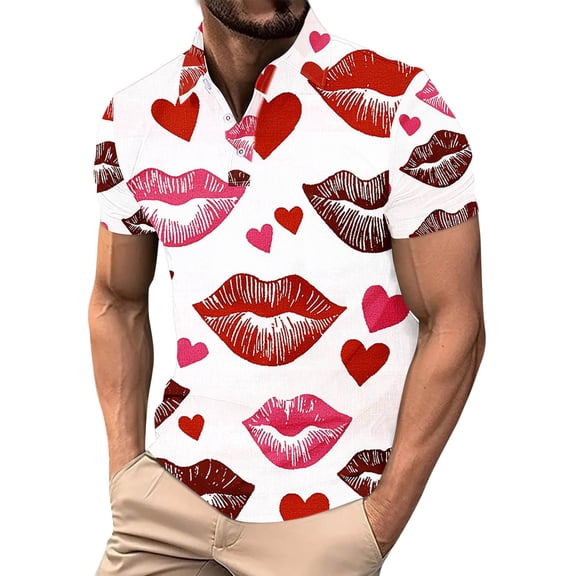 Eryao Funny Valentine Shirts for Men Heart Print Graphic Tops Short Sleeve Button V Neck Henley Tees,Red,XL