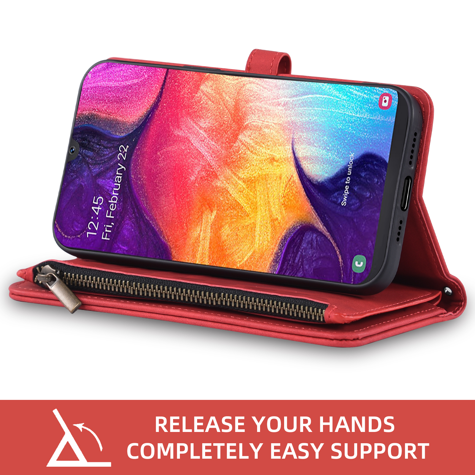 Asuwish Phone Case for Samsung Galaxy A50 A50S A30S Wallet Cover With Tempered Glass Screen Protector Crossbody Wrist Strap Flip Pattern Zipper Card Holder Cell A 50 50S 30S S50 50A SM A505G Men Red