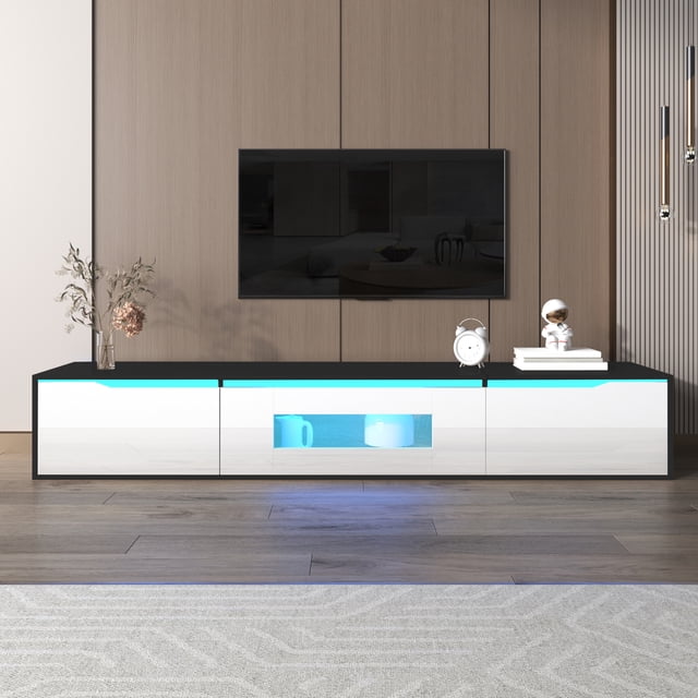 71" LED TV Stand for 80 Inch TV, High Gloss Entertainment Center with 3 Storage Cabinets and Hollow Door, Modern TV Media Console with Power Outlet & Light for Living Room, Bedroom, Black + White