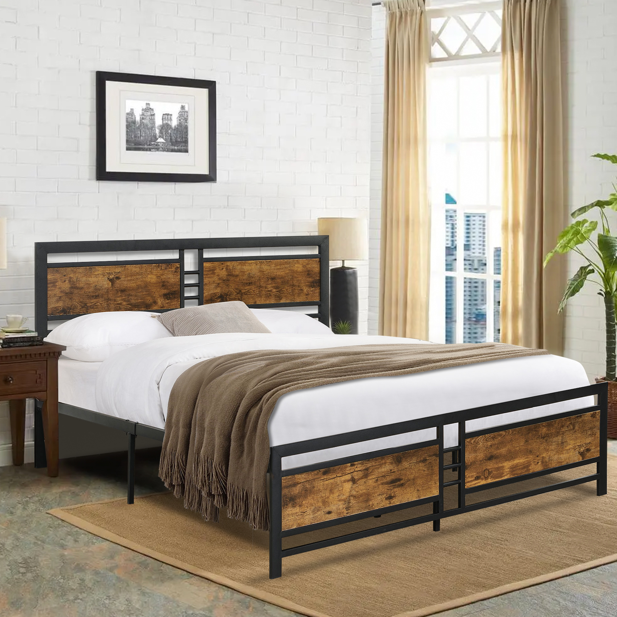 SESSLIFE Metal Bed Frames, Full Platform Bed Frame with Wood Headboard