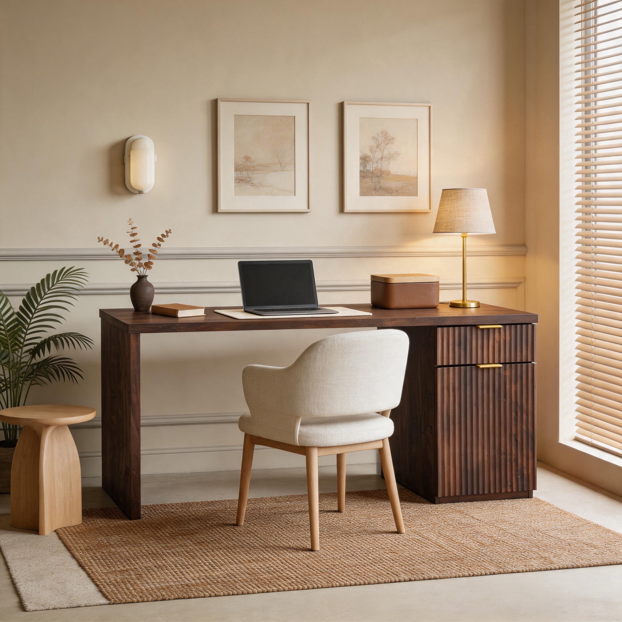 IFMust 60" Home Office Desk with Storage Drawer & Cabinet, Modern Executive Desk with Charging Station, Fluted Computer Desk for Study, Living Room, Dark Walnut