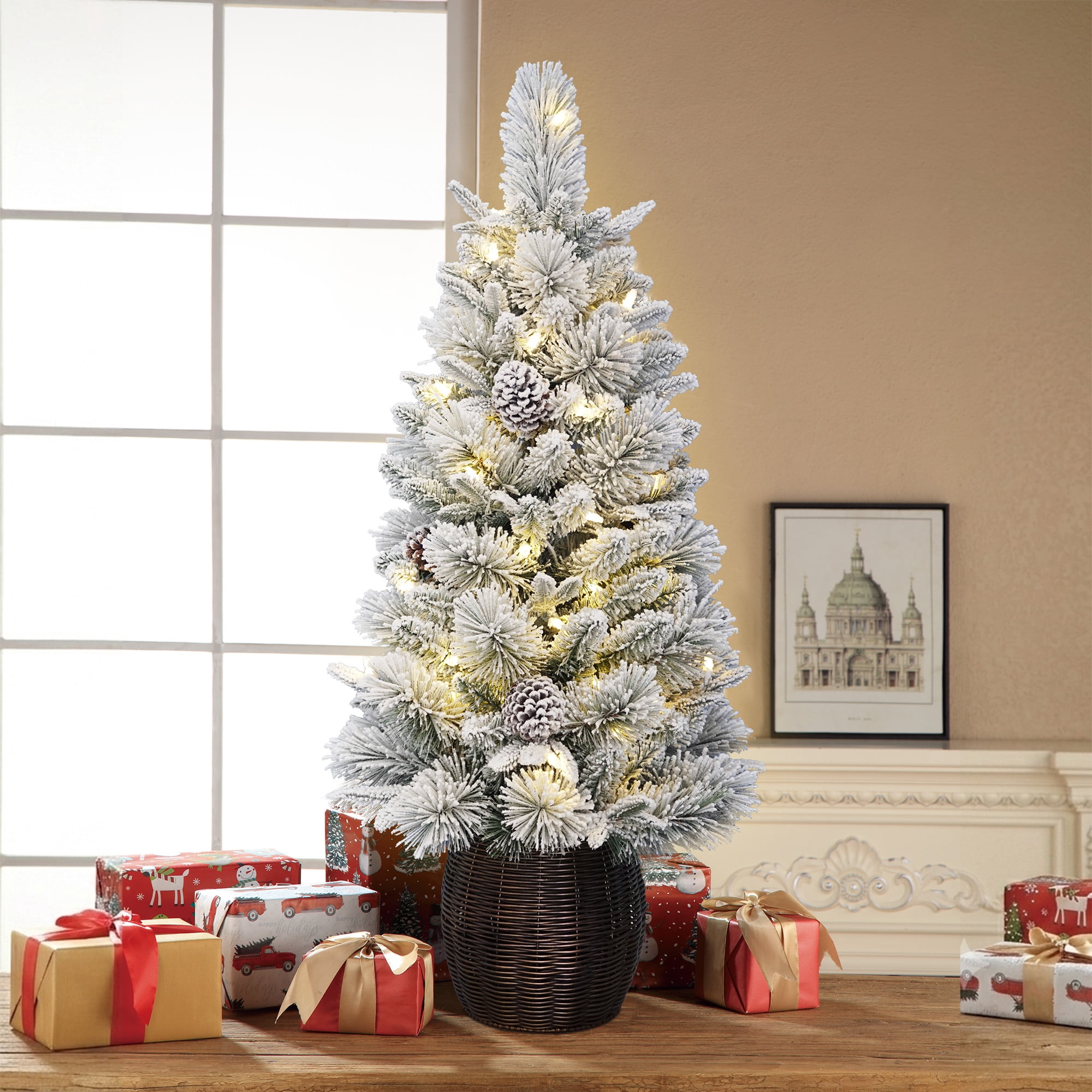 3.5ft Prelit Flocked Dakota Artificial Christmas Potted Tree by Holiday Time, 35 Warm White LED