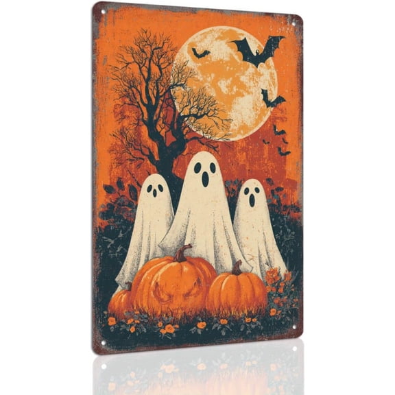Halloween Three Ghosts Full Moon Pumpkin Spooky Retro Metal Tin Sign Wall Art Decor for Home Farmhouse Front Door Indoor Outdoor 8x12 Inch
