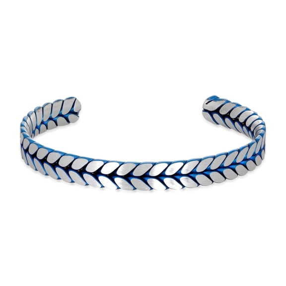 Metro Jewelry Blue Ion Plated Stainless Steel Two Tone Wheat Pattern Cuff Bangle Bracelet - 7 Inch