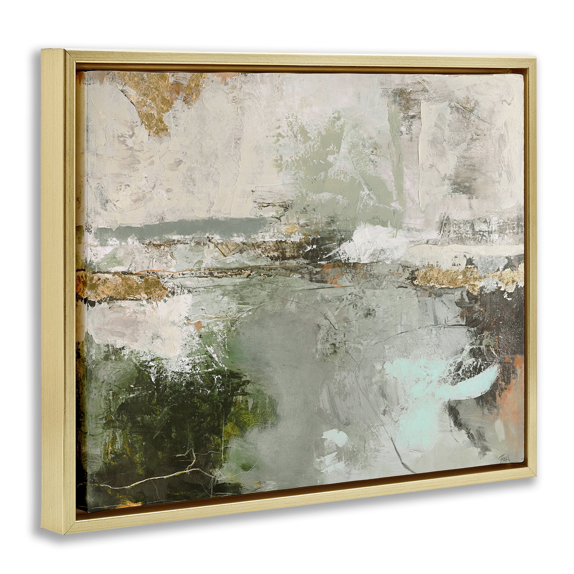 Stupell Industries Abstract Seascape Landscape Abstract Painting Gold Floater Framed Canvas Art Print Wall Art, 31 x 25