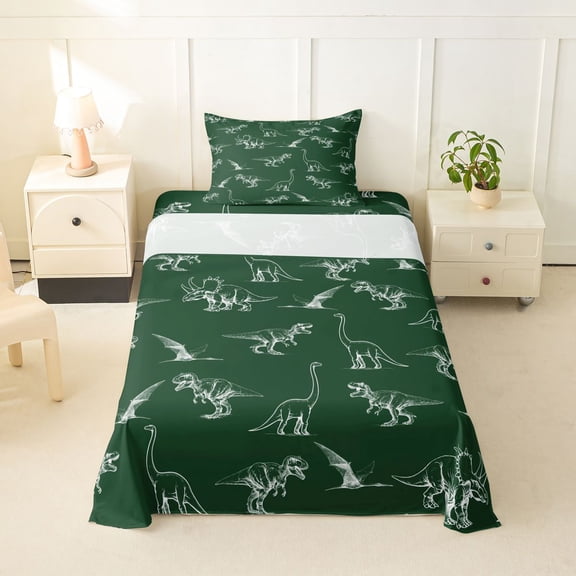 Feelyou Deep Green Dinosaur Twin Sheet Sets for Boys Men, Retro Line Wildlife Art Bedding, Green, 3-Piece