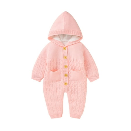 

Sunisery Newborn Baby Boy Girl Sweater Romper Long Sleeve Buttons Knitted Hooded Jumpsuit Winter Warm Clothes Pink 12-18 Months