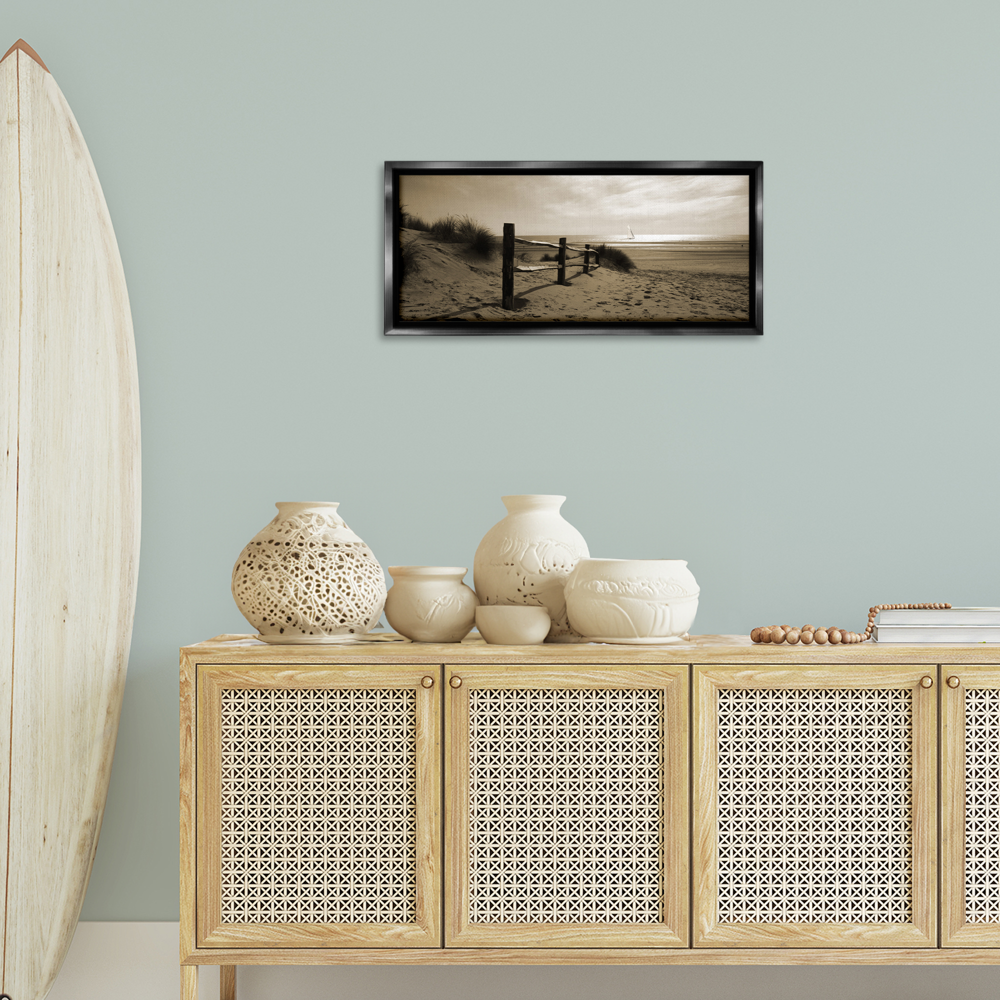 Stupell Industries Open Water Beach Landscape Photography Black Floater Framed Canvas Art Print Wall Art, 31 x 14
