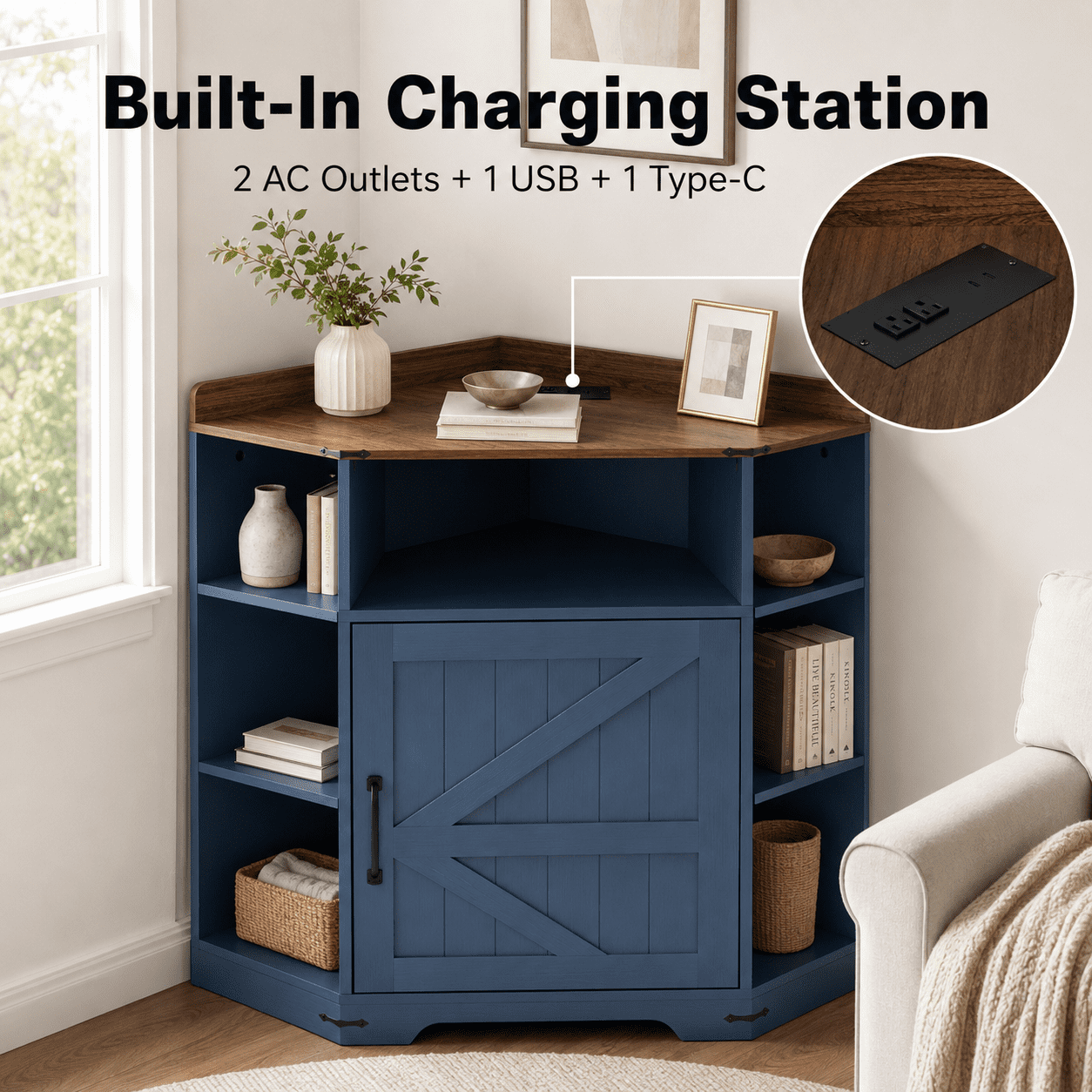 Aukfa Corner Cabinet with Charging Station,3-Tier Storage Shelf with 6 Cubbies, Navy
