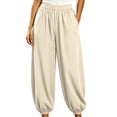 thumbnail image 3 of Women's Polyester High Waist Loose Jogger Pants, Breathable Cuffed Ankle Side Pocket Trousers, Relaxed Loungewear Bottoms for Travel Daily Errands | TruHer,Beige L, 3 of 7