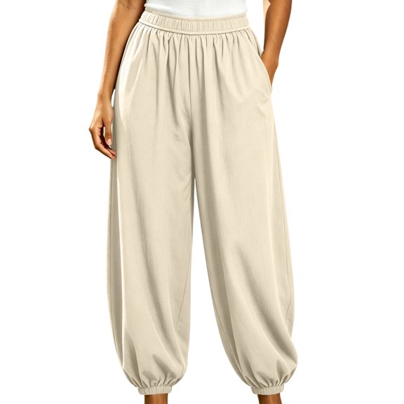 Hurxie Baggy Wide Leg Pants Womens Barrel Pants Mid Waisted Balloon Pants with Pockets Beige,3XL
