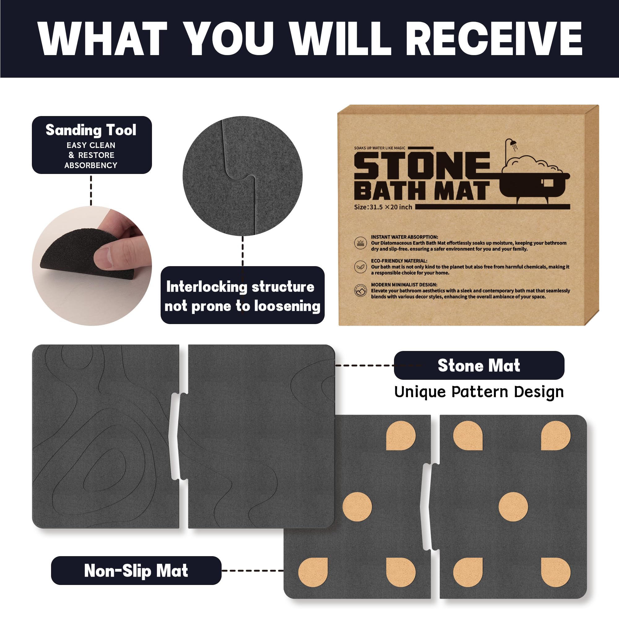Large Stone Bath Mat, 32"x 20" Diatomaceous Earth Bath Mat for Bathroom, Quick Drying Long Bath Mat Stone Absorbing, Non-Slip Diatomite Hard Stone Shower Mat Instant Dry (Dark Grey)