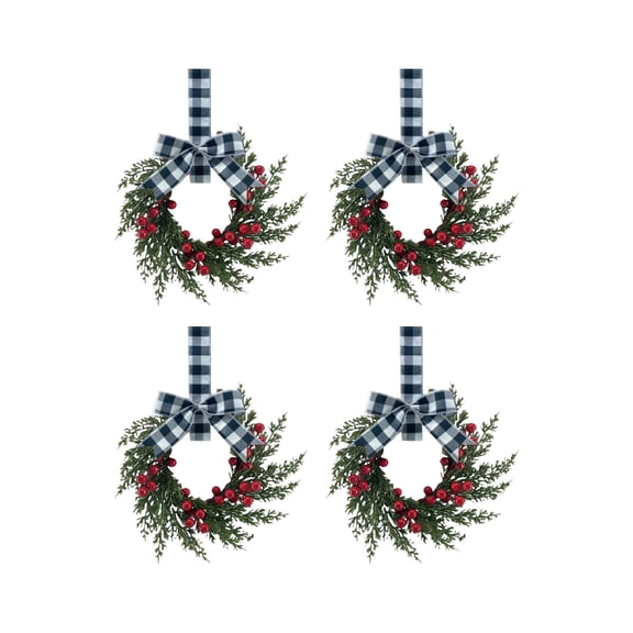 4Pcs 10.24Inch Christmas Mini Wreath for Cabinet, Artificial Snowy Cedar Garland with Bow Ribbon, Small Xmas Hanging Wreath for Kitchen Cabinets, Windows, Doors, Farmhouse Holiday Decorations
