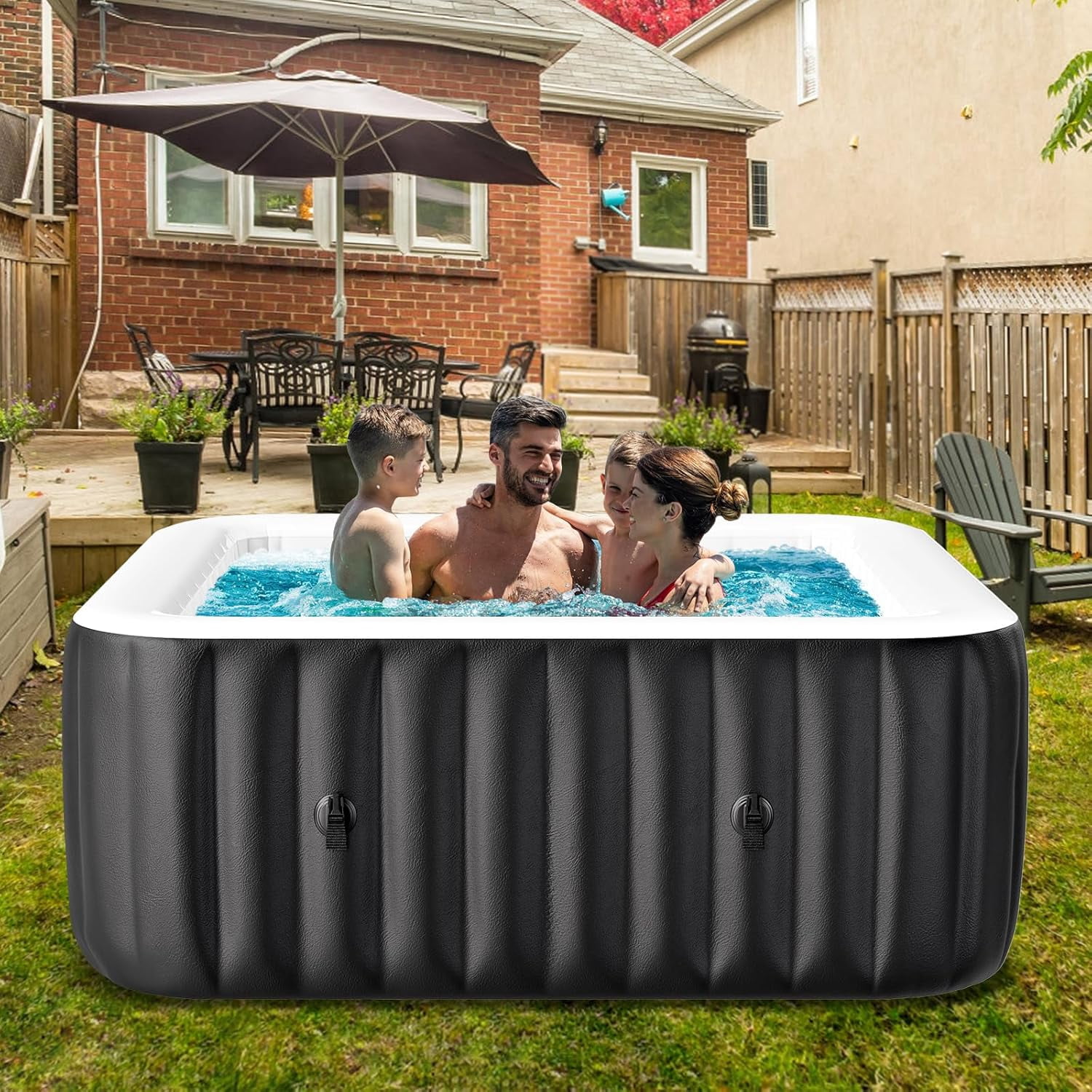 Lilypelle Inflatable Hot Tub, 57” X 57” X 25” Portable Blow Up Hot Tub Square for 2-4 Person ，Portable Outdoor Spa with 110 Bubble Jets and Built in Heater Pump, Filter