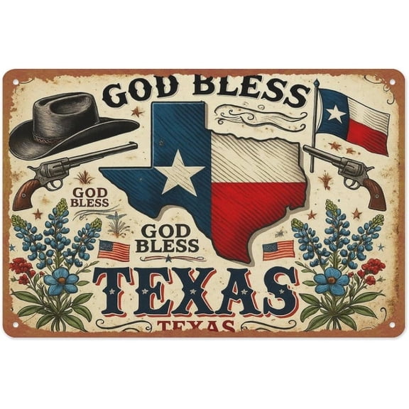 Vintage Texas Metal Tin Sign Wall Decor, God Bless Texas Poster for Cafe Bar Restaurant Supermarket Shop, 8 x 12 Inches