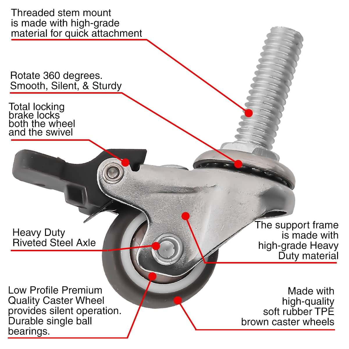 Pack of 4 uxcell Swivel Casters 1.5 Inch PU M10 x 25mm Threaded Stem Swivel Caster Wheels with Brake 330lb Total Load Capacity Pack of 4 uxcell Swivel Casters 1.5 Inch PU M10 x 25mm Threaded Stem Swivel Caster Wheels with Brake 330lb Total Load Capacity