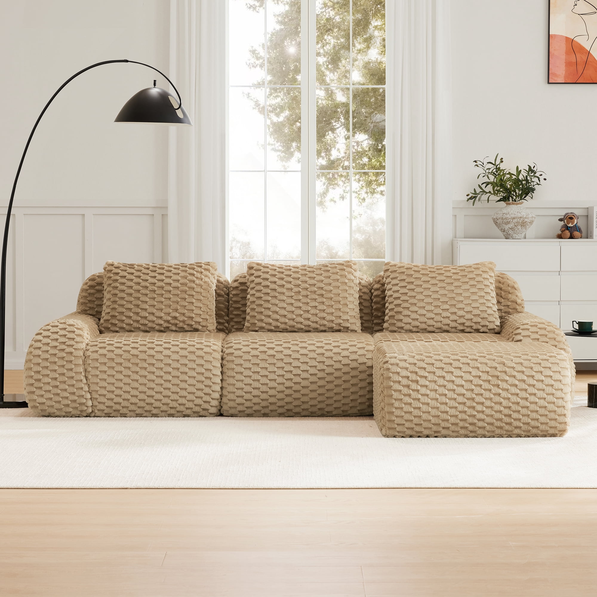 Aukfa 114" L-Shaped Modular Sectional Sofa, 29" Deep Seat Oversized Cloud Couch with Ottoman, Flannelette Upholstered 3-Seater Sofa for Living Room, Light Camel