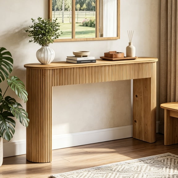Fnova 63" Solid Wood Console Table, Retro Fluted Entryway Table with Wide Legs, Long Narrow Sofa Table for Living Room, Hallway, Entryway