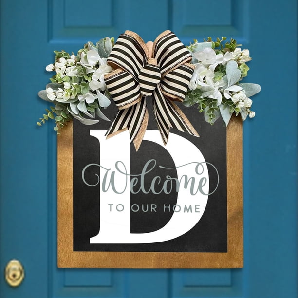 Señal De Bienvenida De Guirnalda Placa decorativa para puerta con 26 letras, adornos de madera para jardín, letrero de bienvenida para puerta (D)