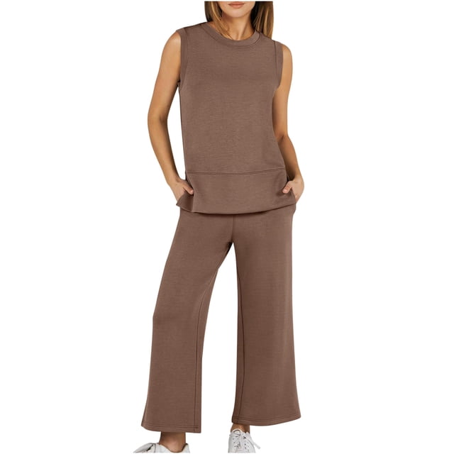 Ensembles de Pantalons Femmes Tenues 2 Pcs Ensemble de Vêtements pour Femmes Col Rond Manches Courtes Hauts Pantalons Ensembles Style Décontracté S_208 Survêtements Femmes Café TG