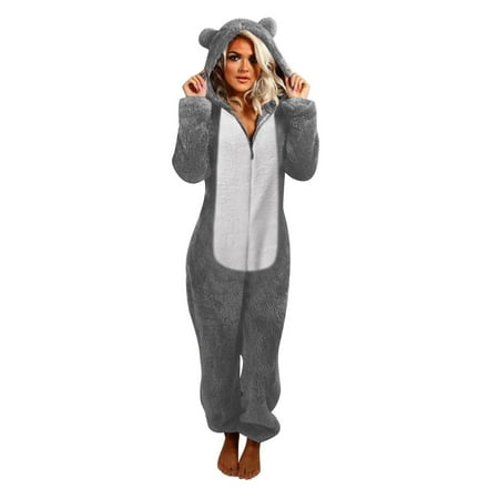 

Labakihah overalls women Women Long Sleeve Hooded Jumpsuit Pajamas Casual Winter Warm Rompe Sleepwear zip up hoodie women Grey
