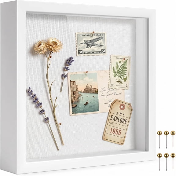 8x8 Shadow Box Frame with Linen Background & Metal Push Pins, Plexiglass Front Memory Display Box, White