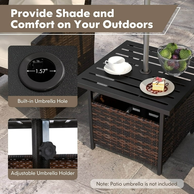 costway rattan wicker umbrella patio side table Costway Brown Rattan Wicker Steel Side Table with Umbrella Hole for Outside  and Balcony