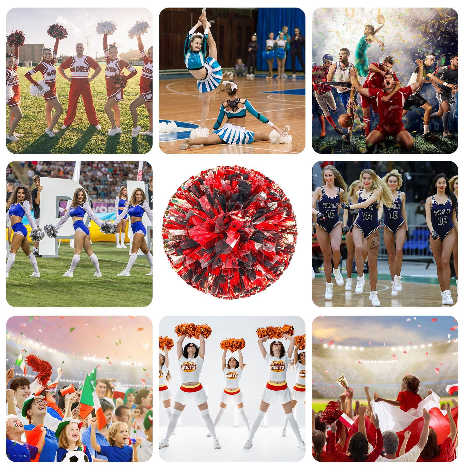 Pom Poms Cheer 8 Pcs with Four Finger Handle, Cheerleading Handheld Squad Pompoms for Sports Team Cheer Spirit Games Dance Party Adults
