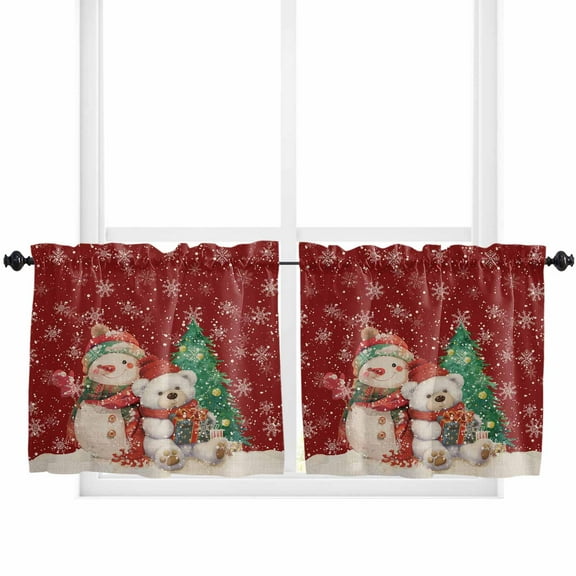Red Christmas Kitchen Curtain 2 Panels Tiers Curtains 24 Inch Length, Snowman Bear Xmas Tree Snowflake Curtains Rod Pocket Curtains Window Drapes Treatment Window Cafe Curtains