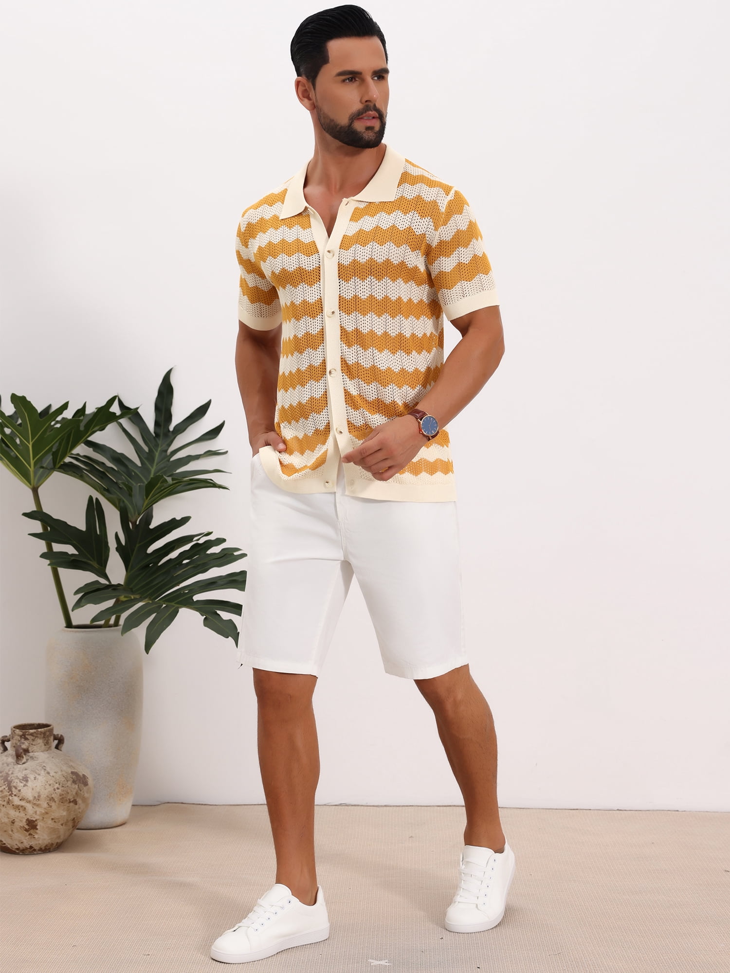 DARING DIVA Men's Wave Crochet Hollow Out Button Down Striped Shirts XL Yellow