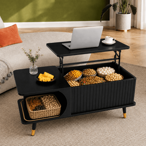 Leumius Lift Top Coffee Table with Hidden Compartment and Large Storage Shelf,Center Table for Home Living Room Office,Black
