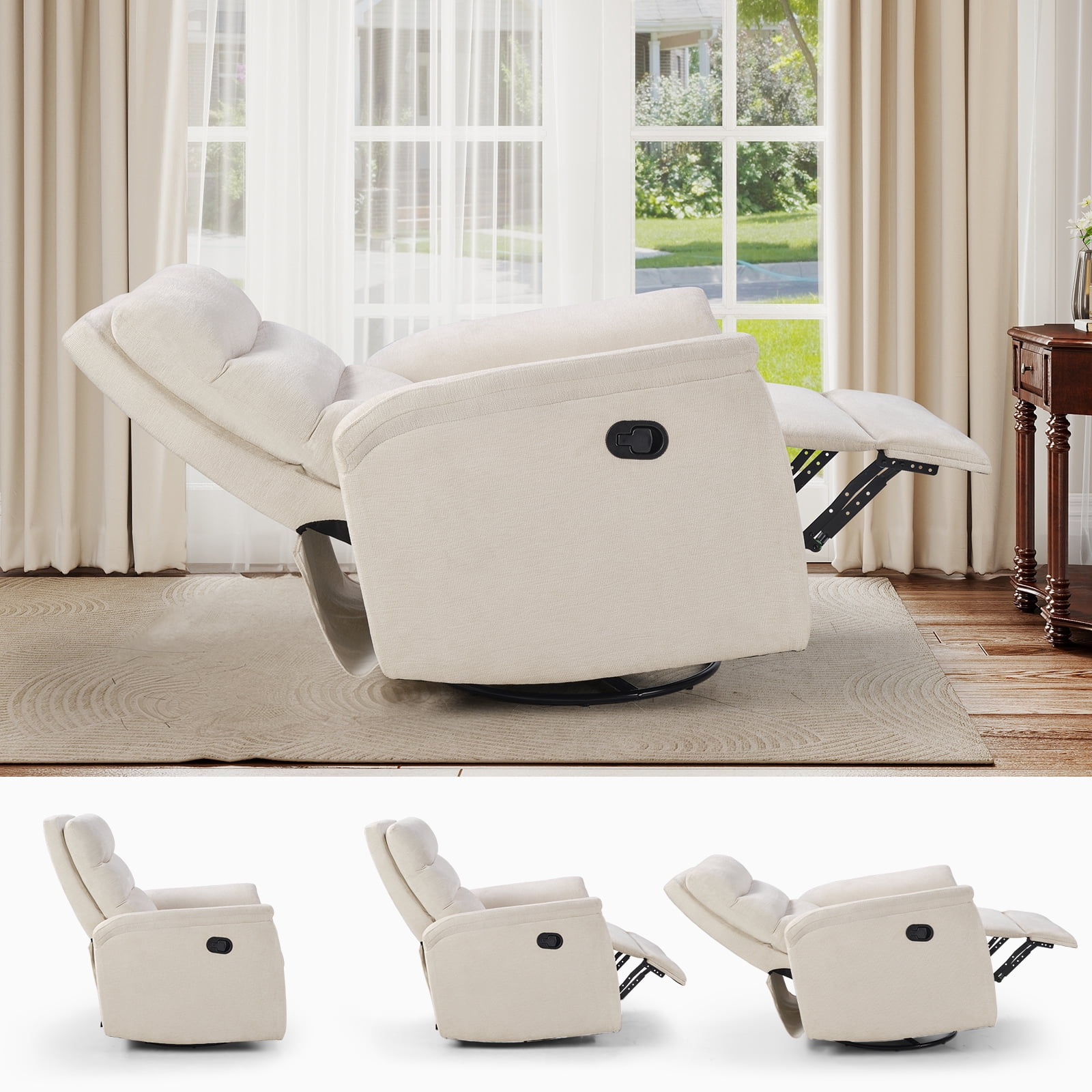 Ebello Manual Fabric Swivel Rocker Recliner, Silent Nursery Glider Chair with Soft Armrests & Backrest for Bedroom Apartment Living Room, Beige