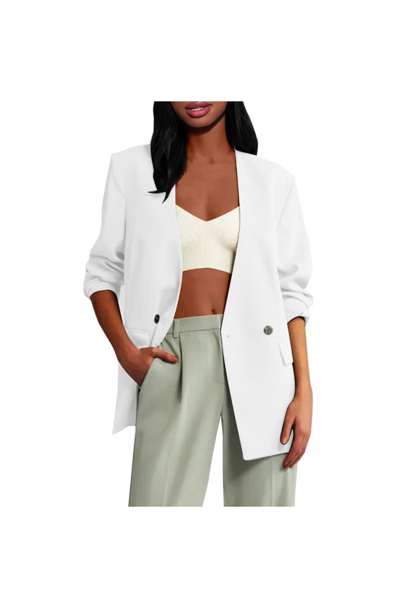 Women Blazers Fashion Dressy Women's Solid Color Shoulder Pad Without Collar Pocket Button Long Sleeved Flip Suit Jacket
