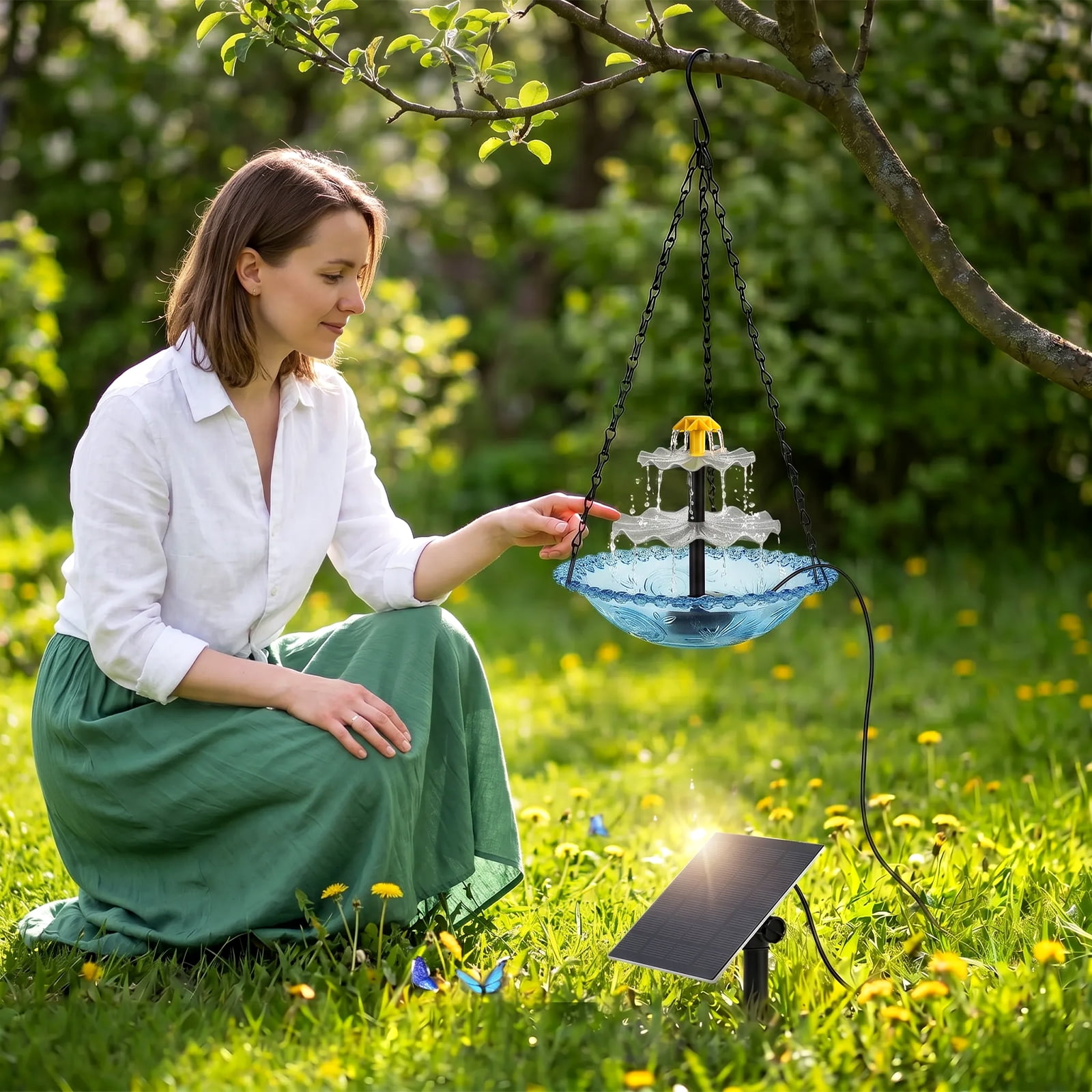 Threns Hanging Solar Bird Bath Fountain Solar Power Outdoor Water Fountain Hanging with Flowing Water Decorative Garden Yard Patio Bird Bath Fountains