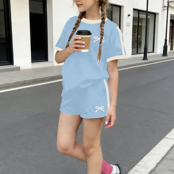 ITSAME Girls Crewneck T-Shirt and Shorts Set Bow Print Summe Casual Active Outfits 2-Piece Light Blue Size 11-12