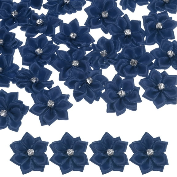 Uxcell 100-Pack Satin Ribbon Flowers, 1.2 Inch Mini Fabric Flowers with Rhinestones for Crafts and DIY Projects Navy Blue